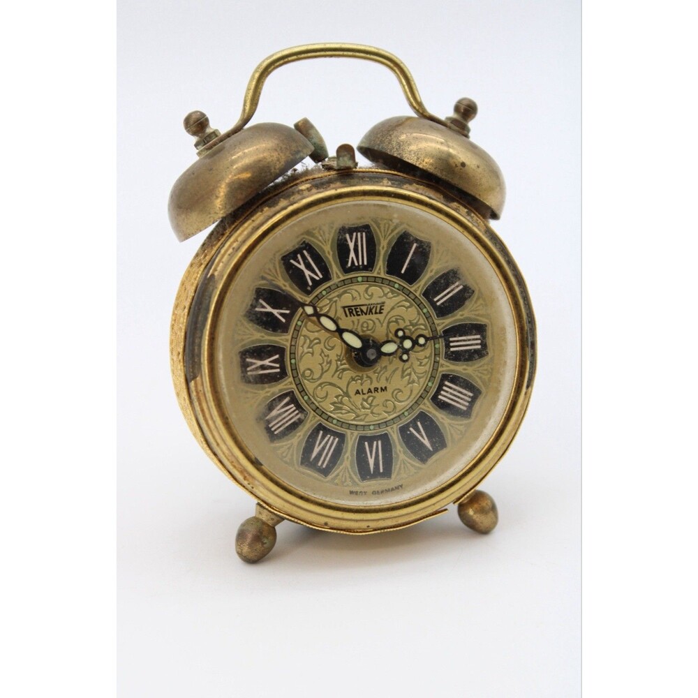 Vintage 1950s West Germany Trenklé Brass Alarm Clock Double Bell Filigree Case